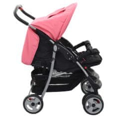 Greatstore Dvojni otroški voziček jeklen roza in črn