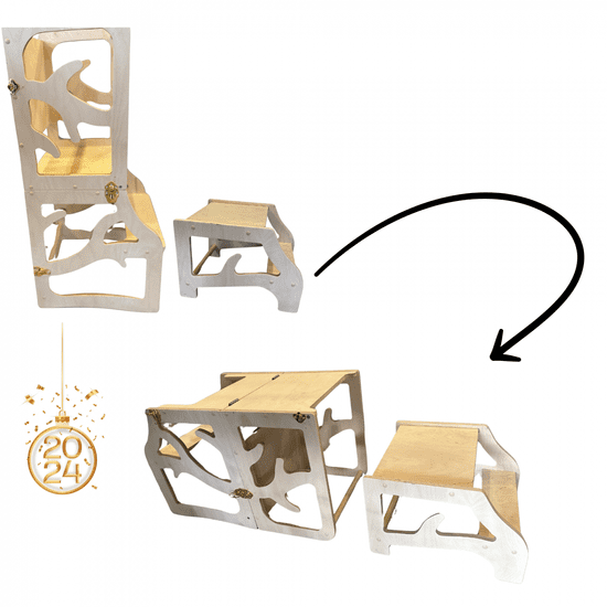 ABC CONNECT Učni stolp, miza, stol, stopnica, tabla 5 v 1 montessori bor