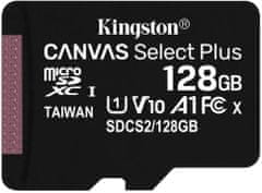 Kingston Canvas Select Plus Micro pomnilniška kartica microSDXC, 128 GB, 100 MB/s, C10, UHS-I, adapter - odprta embalaža