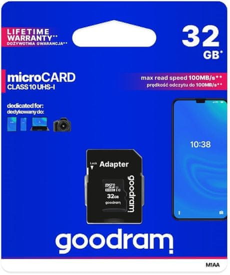 GoodRam spominska kartica microSD 32GB 100MB/s + SD adapter (500305)