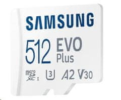 Samsung Micro SDXC spominska kartica, 512 GB EVO Plus, U3, V30, A2, UHS-I + SD adapter