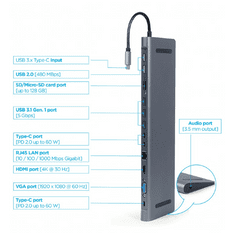 CABLEXPERT Adapter USB-C 9-v-1 USB, HDMI, LAN, VGA, PD, čitalec kartic + audio