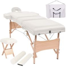 Vidaxl Komplet 3-conske zložljive masažne mize in stolčka bele barve