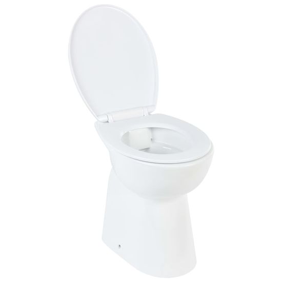 Vidaxl Visoka WC školjka brez roba počasno zapiranje 7 cm višja bela