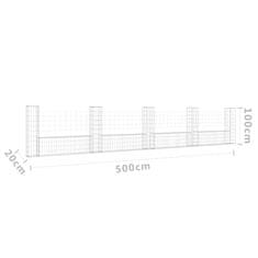 shumee Gabion košara U-oblike s 5 stebri železo 500x20x100 cm