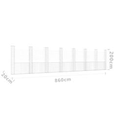 Vidaxl Gabion košara U-oblike z 8 stebri železo 860x20x200 cm