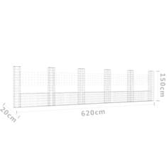 Vidaxl Gabion košara U-oblike s 6 stebri železo 620x20x150 cm