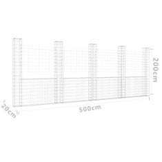 Vidaxl Gabion košara U-oblike s 5 stebri železo 500x20x200 cm