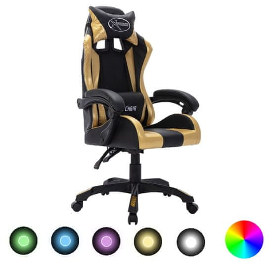 shumee vidaXL Racing stol z RGB LED lučkami zlato in črno umetno usnje