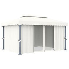 Vidaxl Paviljon z zaveso 4x3 m kremno bel aluminij