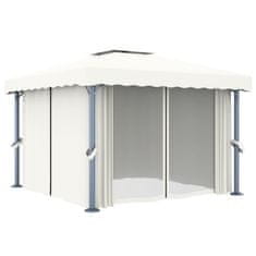 Vidaxl Paviljon z zaveso 3x3 m kremno bel aluminij