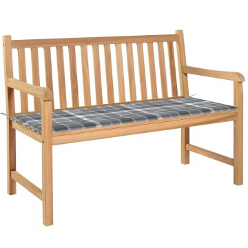 Vidaxl Vrtna klop s sivo karo blazino 120 cm trdna tikovina