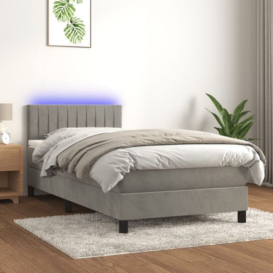 Greatstore Box spring postelja z vzmetnico LED svetlo siva 80x200 cm žamet