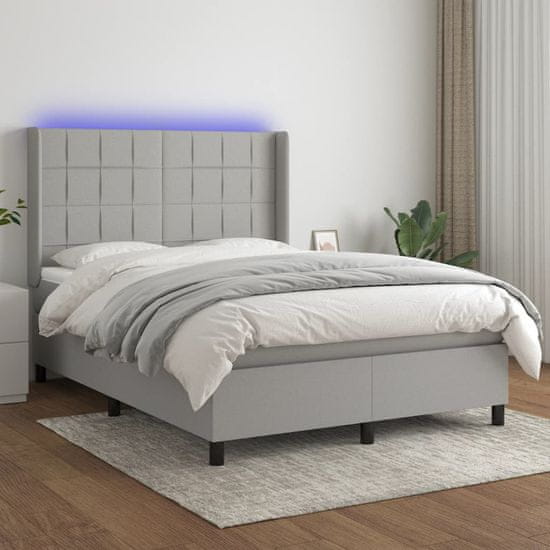 Vidaxl Box spring postelja z vzmetnico LED sv. siva 140x200 cm blago
