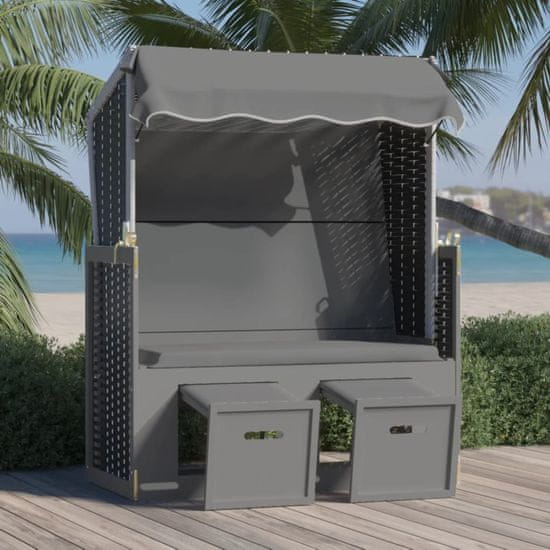 Vidaxl Stol za na plažo s streho poli ratan in trden les antracit/črn