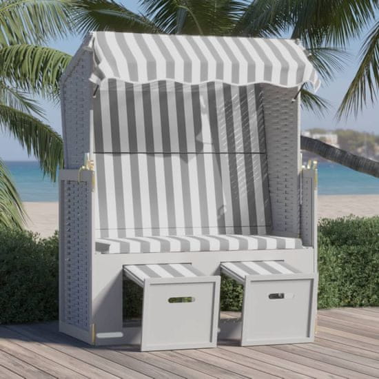 Vidaxl Stol za na plažo s streho poli ratan in trden les siv in bel