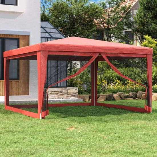 Vidaxl Vrtni šotor s 4 mrežastimi stranicami rdeč 4x4 m HDPE