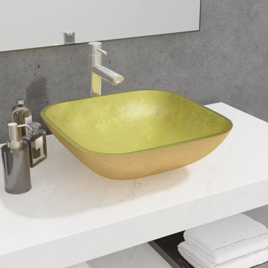 Vidaxl Stekleni umivalnik 42x42x14 cm zlat