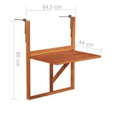 Greatstore Viseča balkonska mizica 64,5x44x80 trden akacijev les