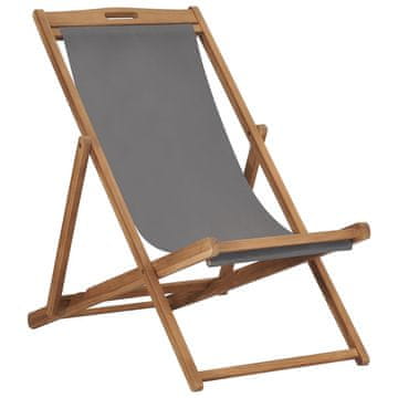 Vidaxl Zložljiv stol za na plažo trdna tikovina siv