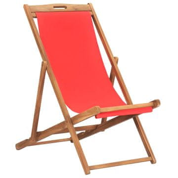 Vidaxl Zložljiv stol za na plažo trdna tikovina rdeč