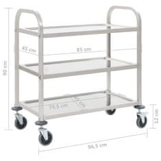 Vidaxl Kuhinjski voziček 3-nadstropni 107x55x90 cm nerjaveče jeklo