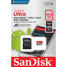 SanDisk Ultra microSDXC 400GB 120MB/s A1 Class 10 UHS-I, z adapterjem