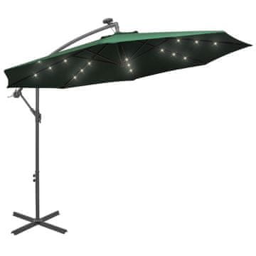 Vidaxl Viseč senčnik z LED lučkami 300 cm zelene barve kovinski drog