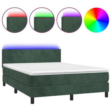 Vidaxl Box spring postelja z vzmetnico LED tem. zelena 140x190cm žamet