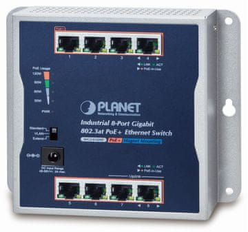 Planet industrijsko plosko stikalo 8x 1Gb, 8x PoE 30/120W, 48-56V, IP30, -20/60 stopinj, brez ventilatorja