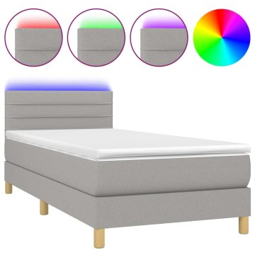 Vidaxl Box spring postelja z vzmetnico LED svetlo siva 90x190 cm blago