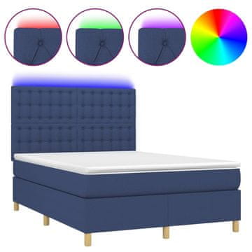 Vidaxl Box spring postelja z vzmetnico LED modra 140x190 cm blago