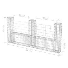Vidaxl Gabionska košara U-oblike pocinkano jeklo 240x20x100 cm