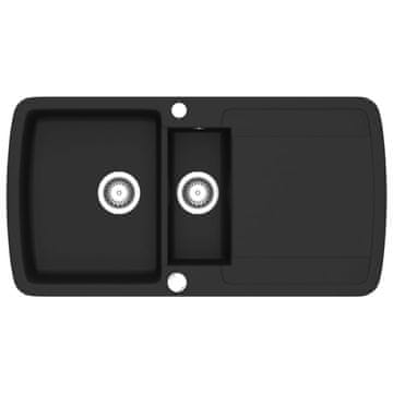 Vidaxl Dvojno kuhinjsko pomivalno korito iz granita črno