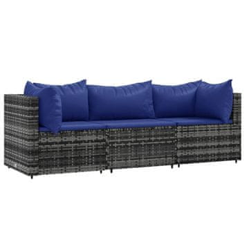 Vidaxl Vrtna sedežna garnitura 3-delna z blazinami siv poli ratan