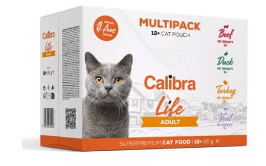  Calibra Life hrana za mačke, z govedino, raco, puranom in teletino v omaki, 12 x 85 g
