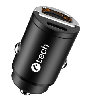 C-Tech Avtomobilski polnilnik USB UCC-02, 1x tip C + 1x tip A, 30W, Power delivery 3.0, Quick Charge