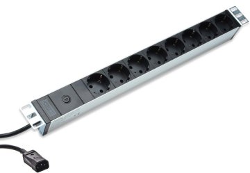 Digitus 1U aluminijasti PDU, za montažo v omaro, 10A vtič, 250V 50/60Hz, 8x vtičnica, IEC C14 vtič, varovalka