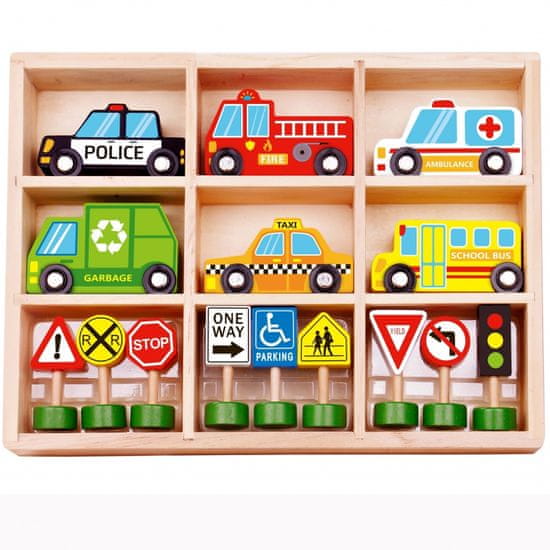 Tooky Toy TOOKY TOY Komplet lesenih vozil in prometnih znakov