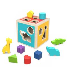 Tooky Toy Lesena izobraževalna kocka Sorter Živali Geometrične figure