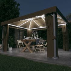 Vidaxl Paviljon z zaveso in lučkami 4x3 m taupe