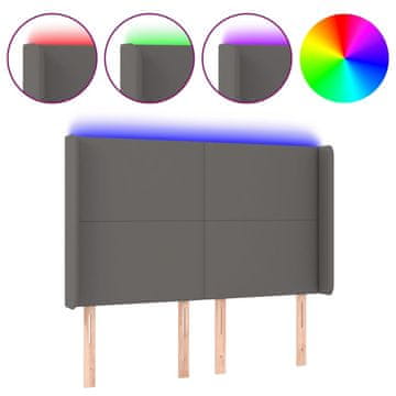 Vidaxl LED posteljno vzglavje sivo 147x16x118/128 cm umetno usnje