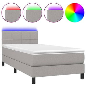 Vidaxl Box spring postelja z vzmetnico LED svetlo siva 90x190 cm blago