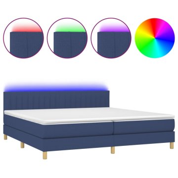 Vidaxl Box spring postelja z vzmetnico LED modra 200x200 cm blago