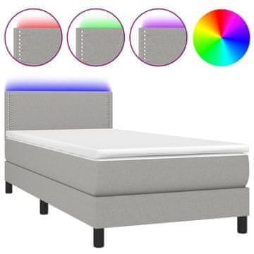 Vidaxl Box spring postelja z vzmetnico LED svetlo siva 90x200 cm blago