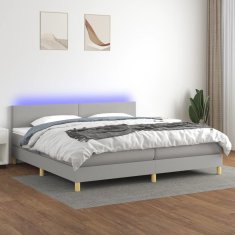 Vidaxl Box spring postelja z vzmetnico LED sv. siva 200x200 cm blago
