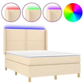 Vidaxl Box spring postelja z vzmetnico LED krem 140x200 cm blago