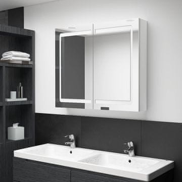 shumee vidaXL Kopalniška omarica z ogledalom in LED lučjo, sijajno bela, 80x12x68 cm
