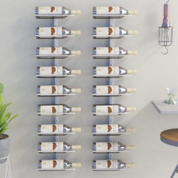 Vidaxl Stensko stojalo za vino za 9 steklenic 2 kosa belo železo