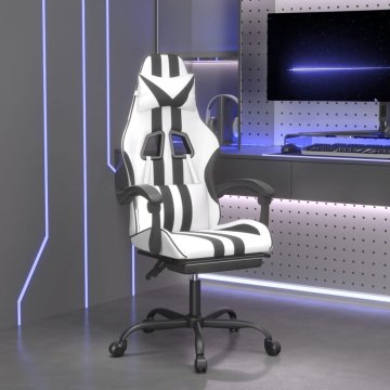 Vidaxl Vrtljivi gaming stol z oporo za noge belo in črno umetno usnje